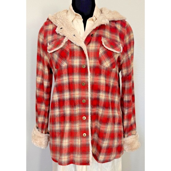 White Crow Shacket Size Large Red Cream Black Plaid Hooded Flannel Faux Fur‎ - Picture 2 of 15